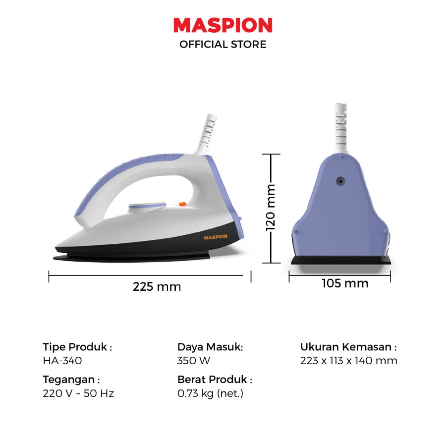 Maspion Setrika Listrik Putih Biru - HA-340 | HA340
